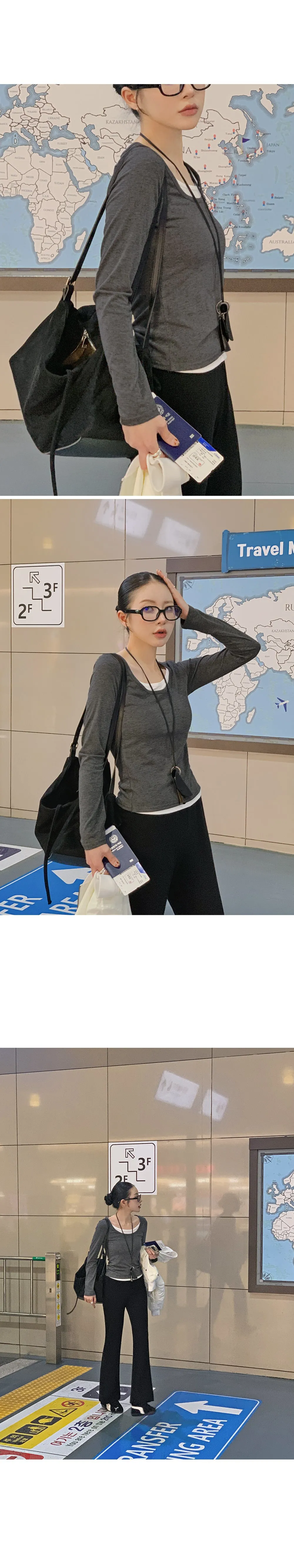 위타임 쫀쫀스판 레이어드 일체형 배색티셔츠