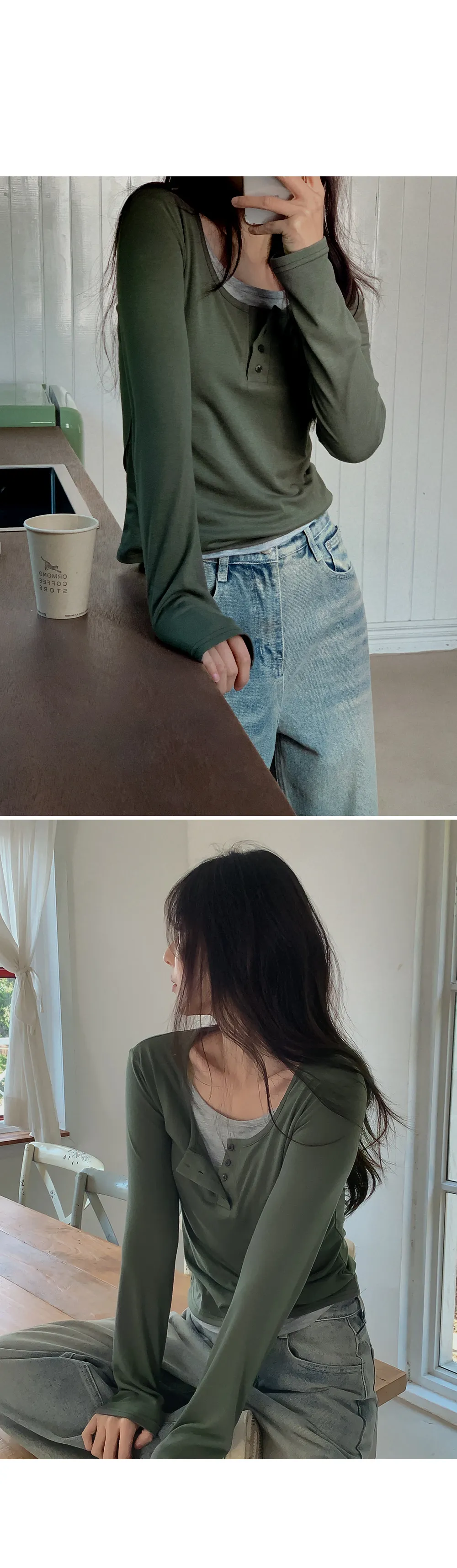 위타임_버튼 레이어드 긴팔 티셔츠 