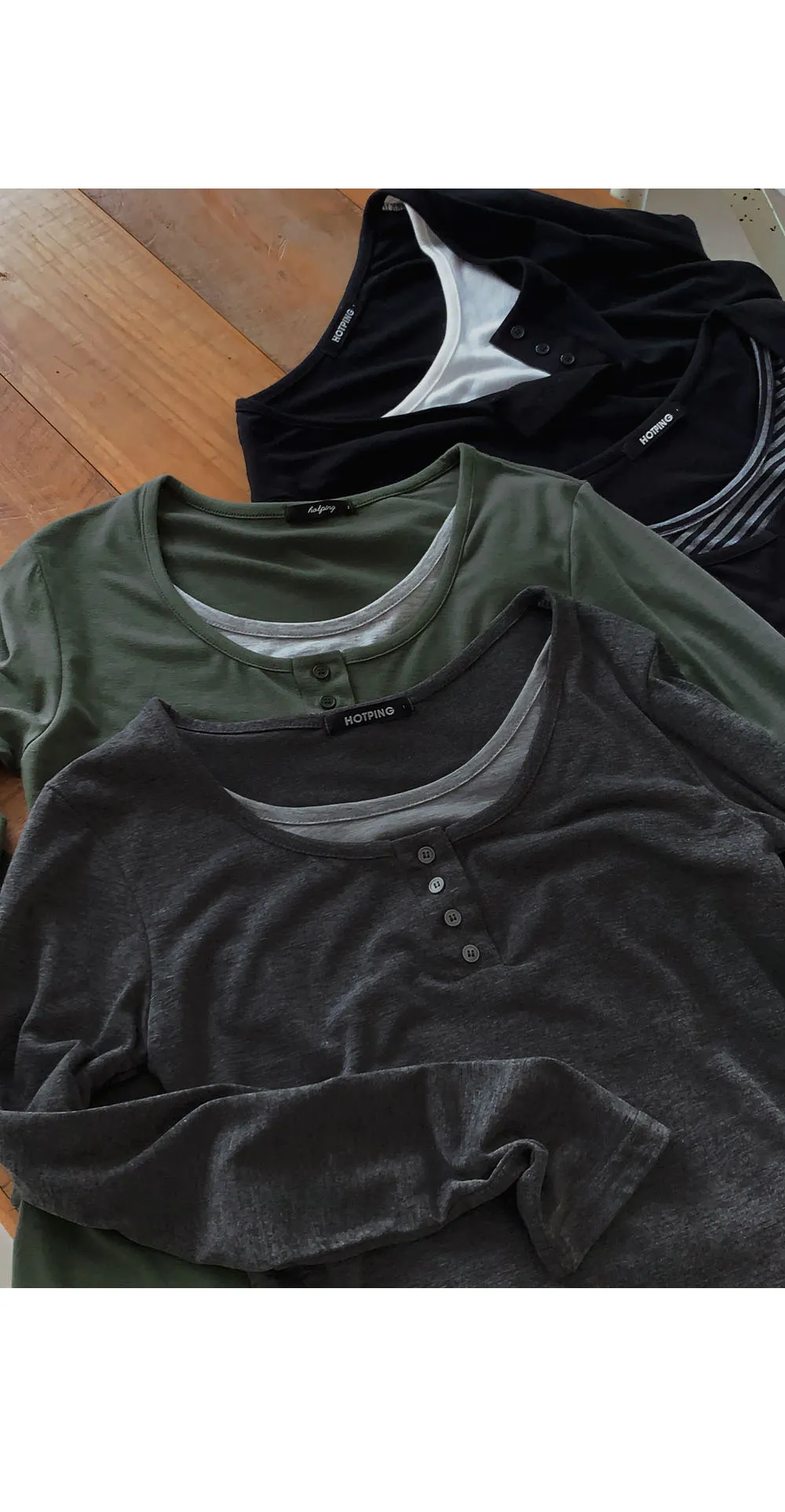 위타임_버튼 레이어드 긴팔 티셔츠 