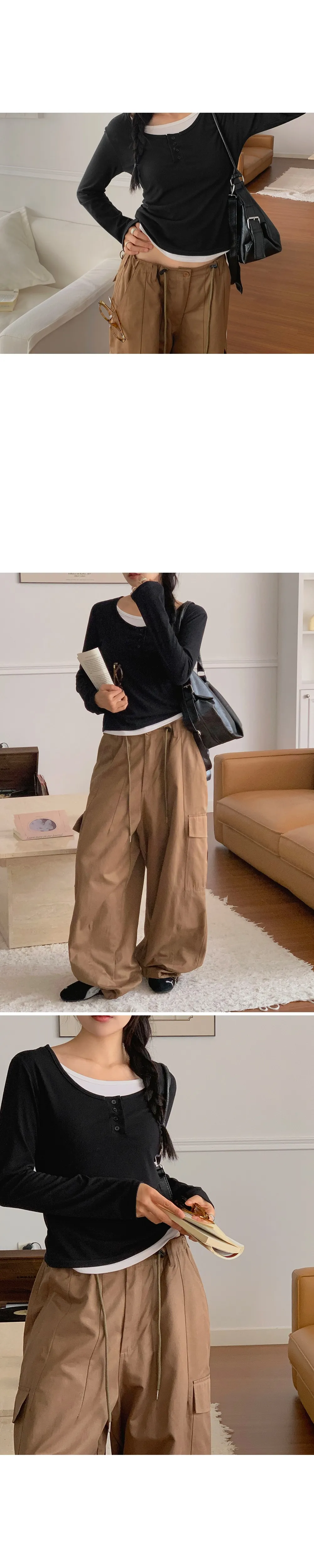 위타임_버튼 레이어드 긴팔 티셔츠 