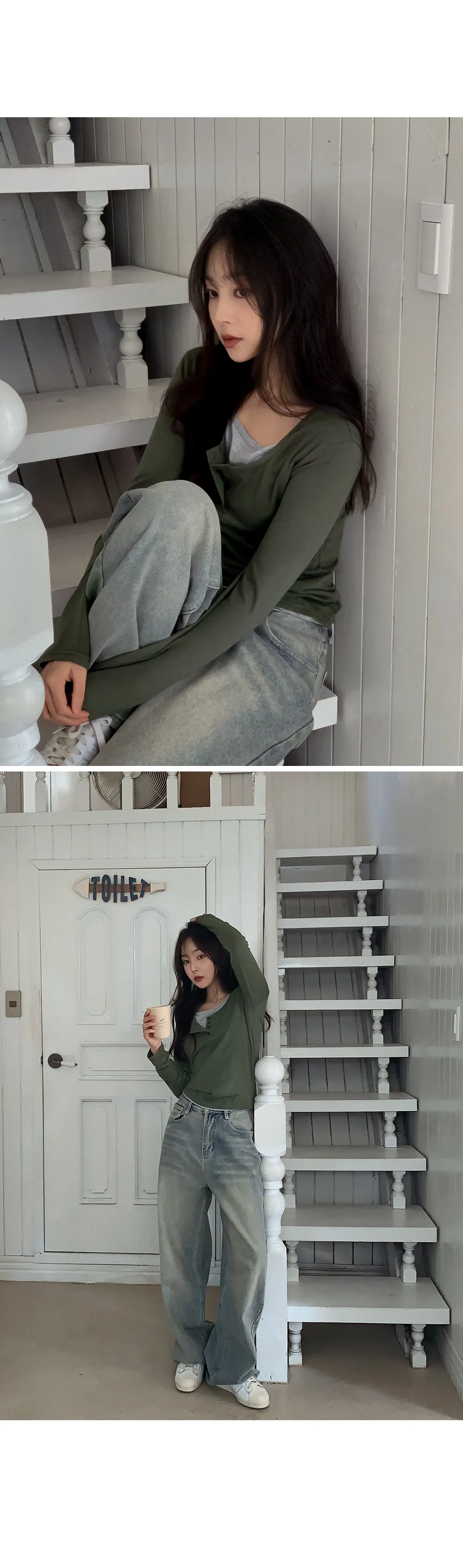 위타임_버튼 레이어드 긴팔 티셔츠 