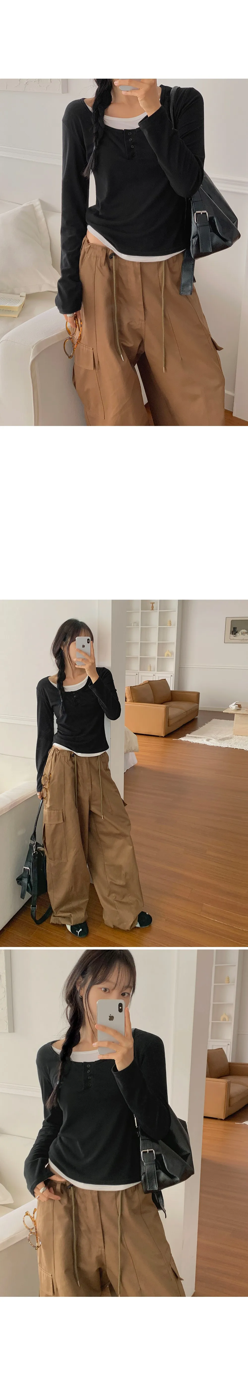 위타임_버튼 레이어드 긴팔 티셔츠 