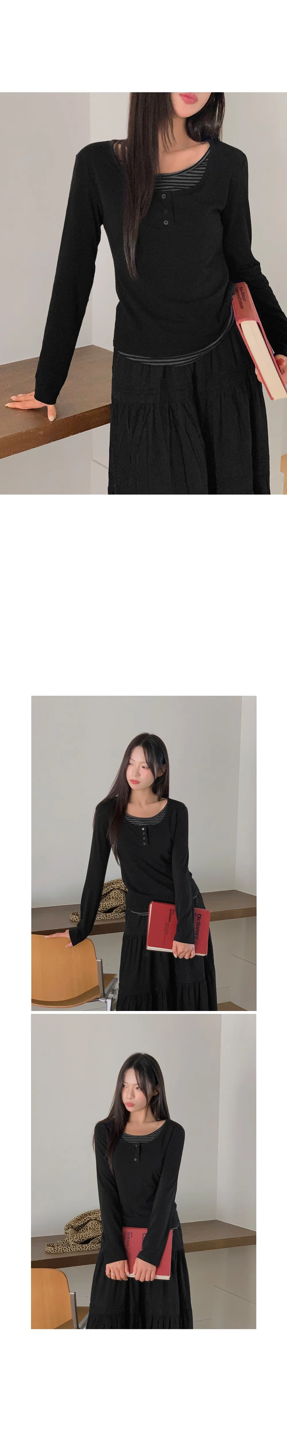 위타임_버튼 레이어드 긴팔 티셔츠 