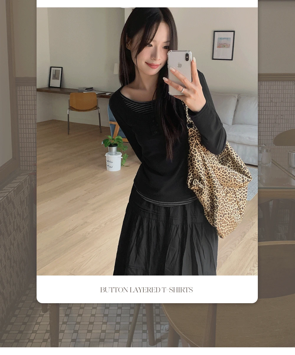 위타임_버튼 레이어드 긴팔 티셔츠 