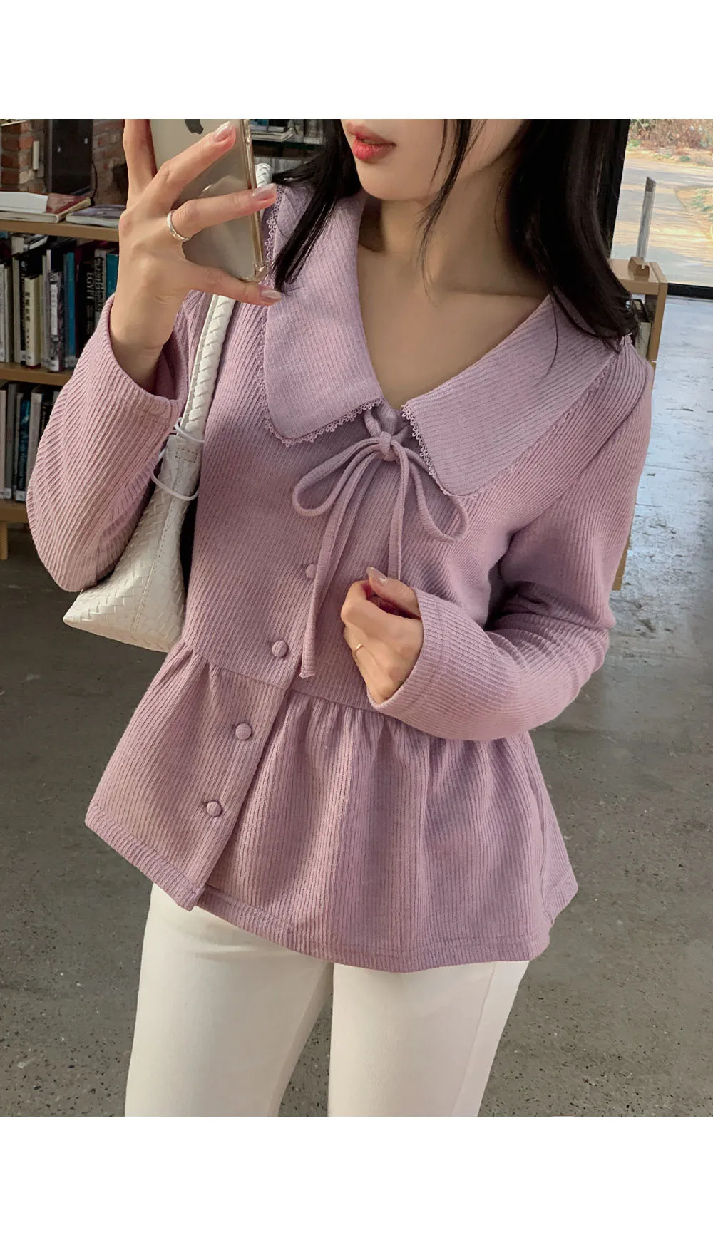 유본 레이스 카라 러플 리본 니트지 가디건 블라우스