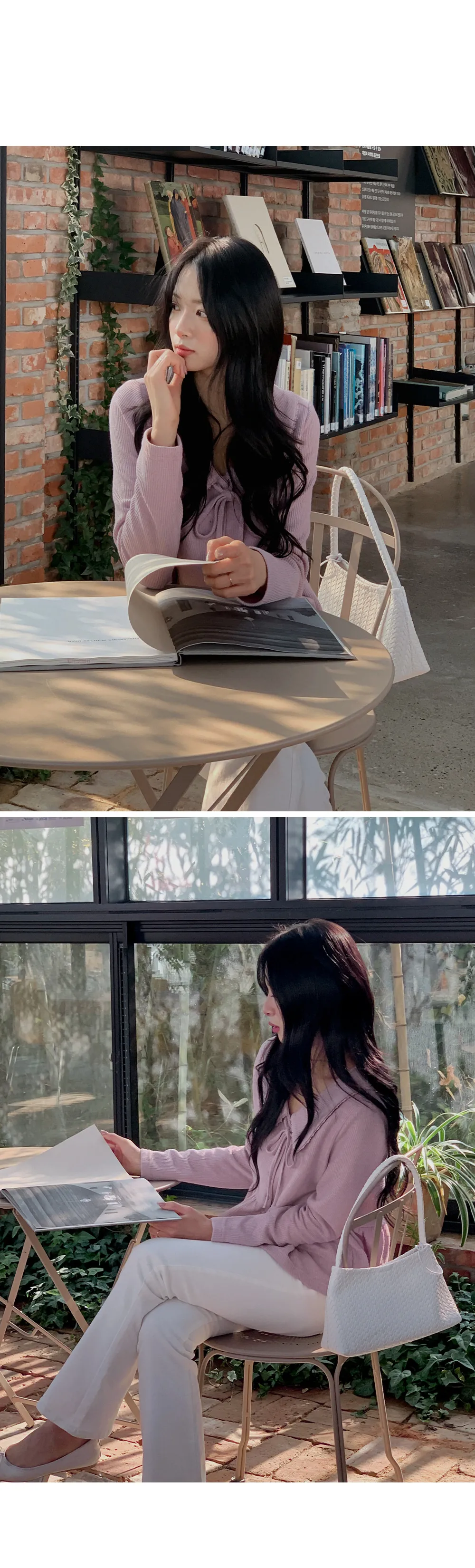 유본 레이스 카라 러플 리본 니트지 가디건 블라우스