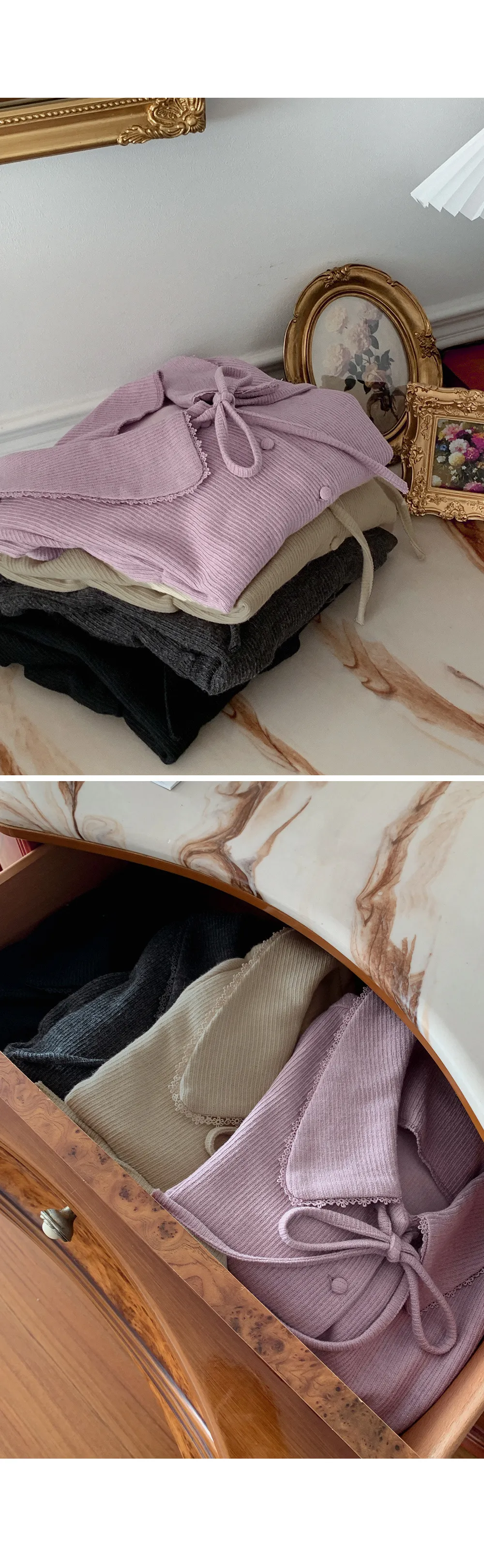 유본 레이스 카라 러플 리본 니트지 가디건 블라우스