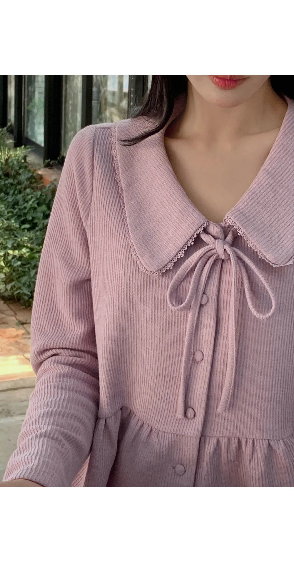 유본 레이스 카라 러플 리본 니트지 가디건 블라우스