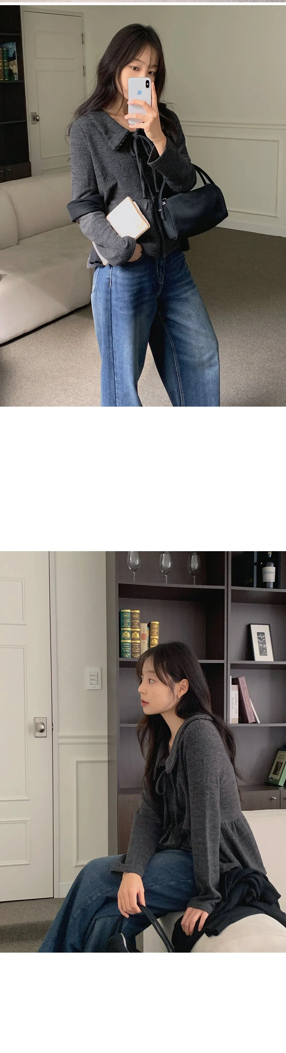 유본 레이스 카라 러플 리본 니트지 가디건 블라우스