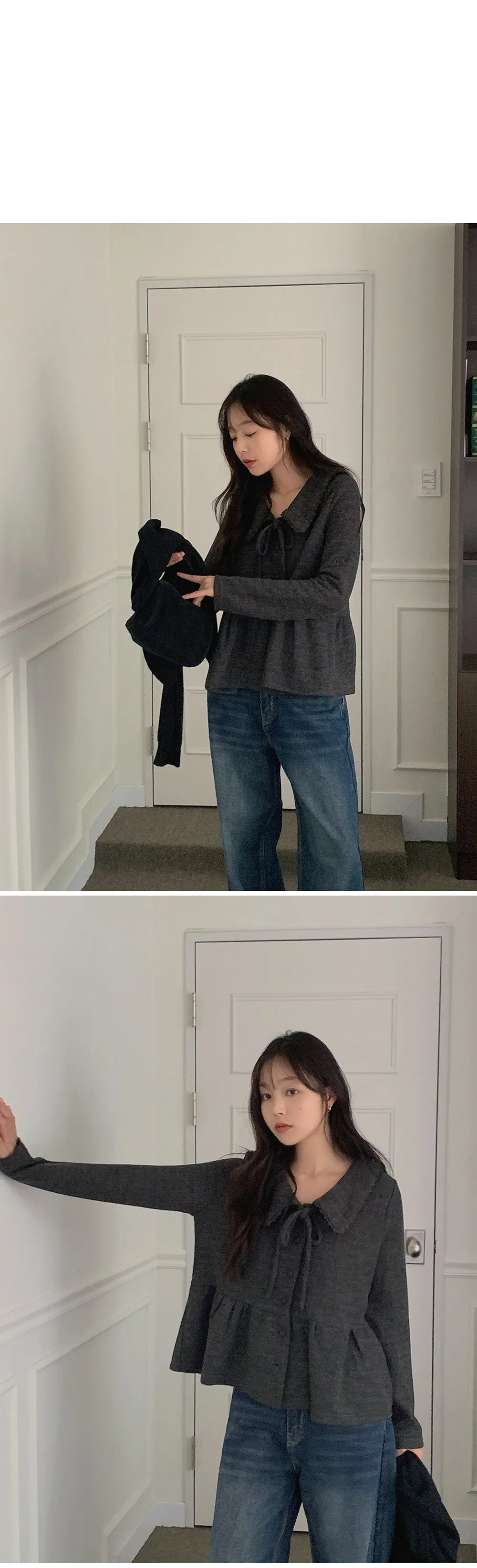 유본 레이스 카라 러플 리본 니트지 가디건 블라우스