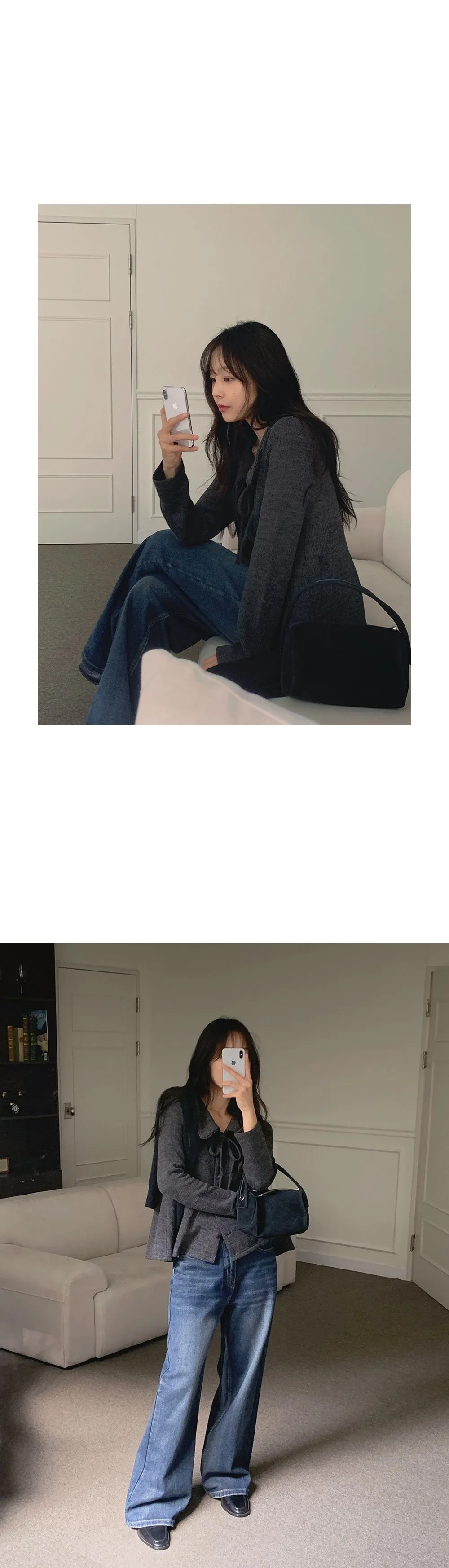 유본 레이스 카라 러플 리본 니트지 가디건 블라우스