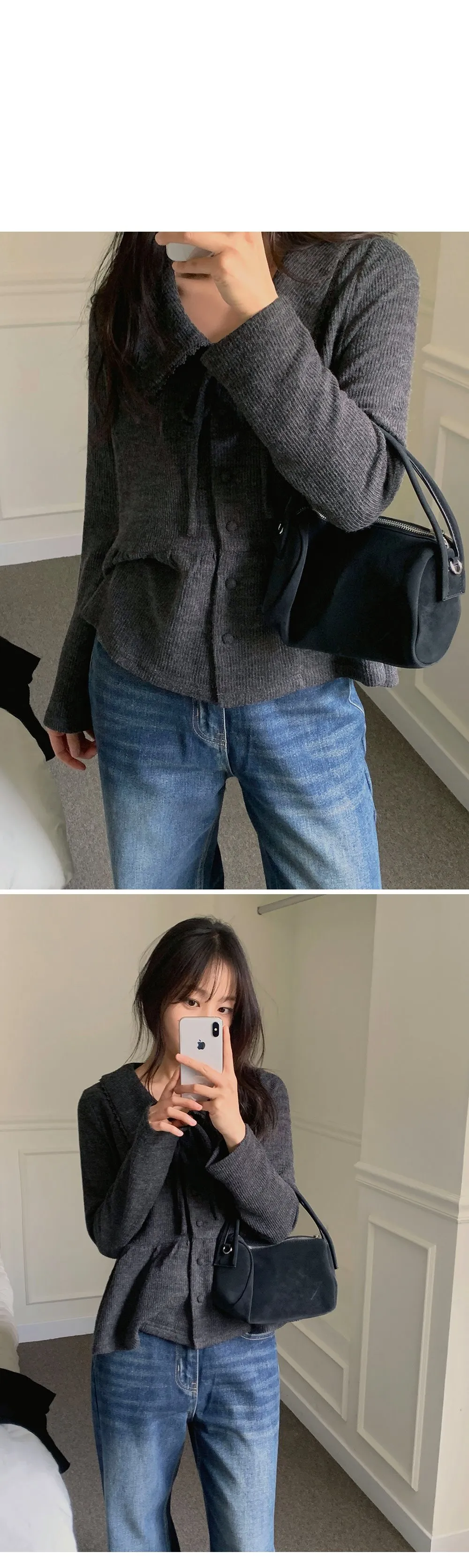 유본 레이스 카라 러플 리본 니트지 가디건 블라우스