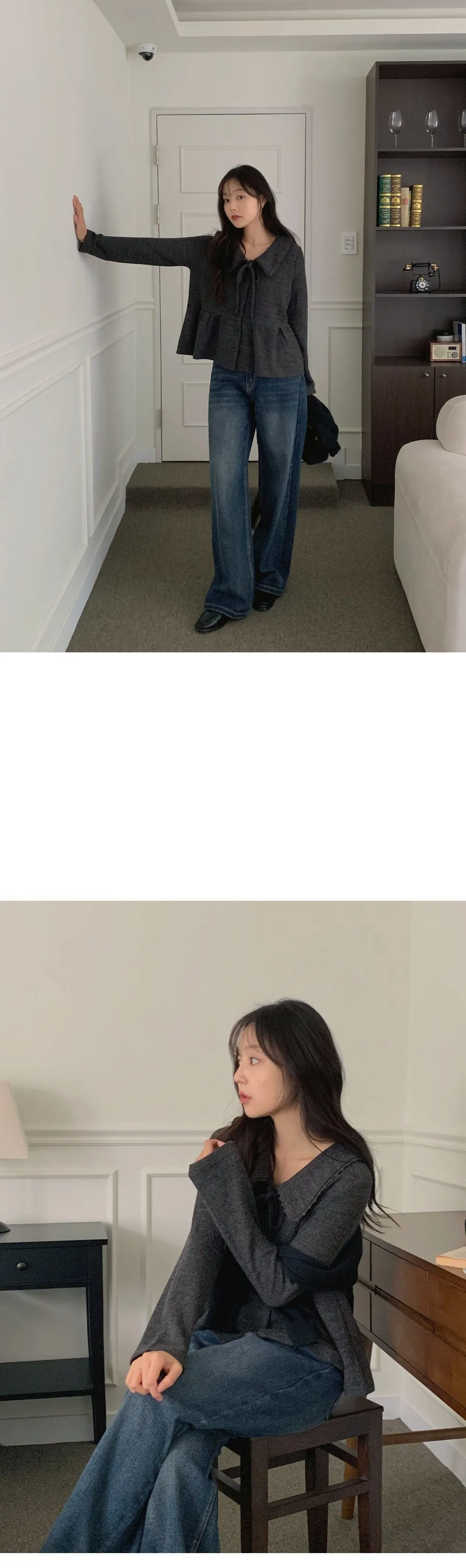 유본 레이스 카라 러플 리본 니트지 가디건 블라우스