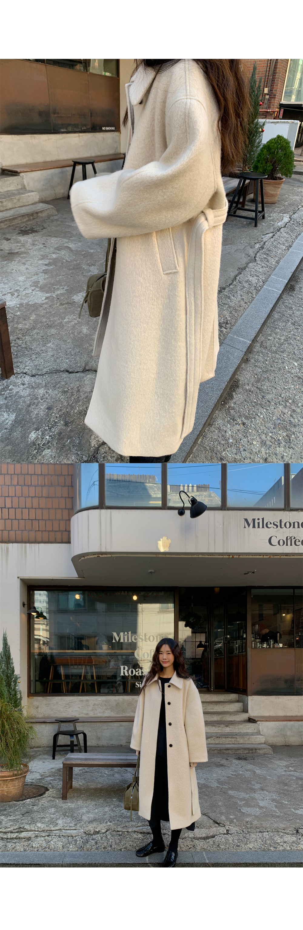 アルパカ混紡カラーハイネックロングシークレットボタンコート2WAY