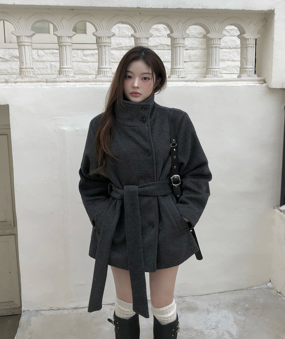ウール混ハイネックポケット長袖ハーフコートベルト付 | レディース
