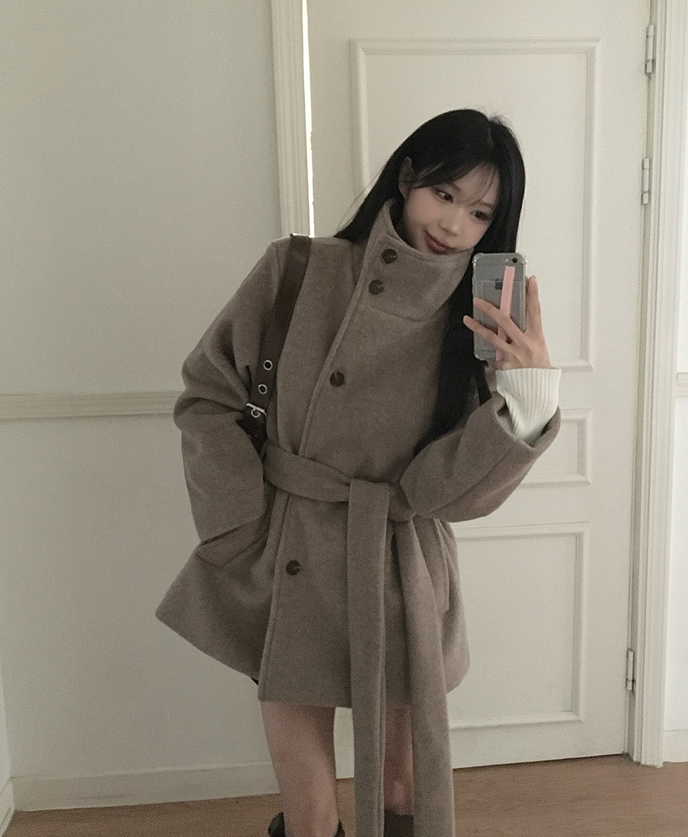 ウール混ハイネックポケット長袖ハーフコートベルト付 | レディース