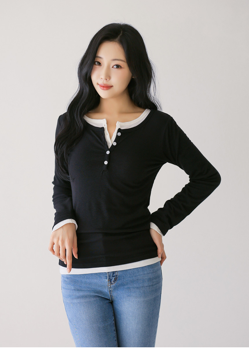 ラウンドネックボタンスリムTシャツ | レディースファッション通販