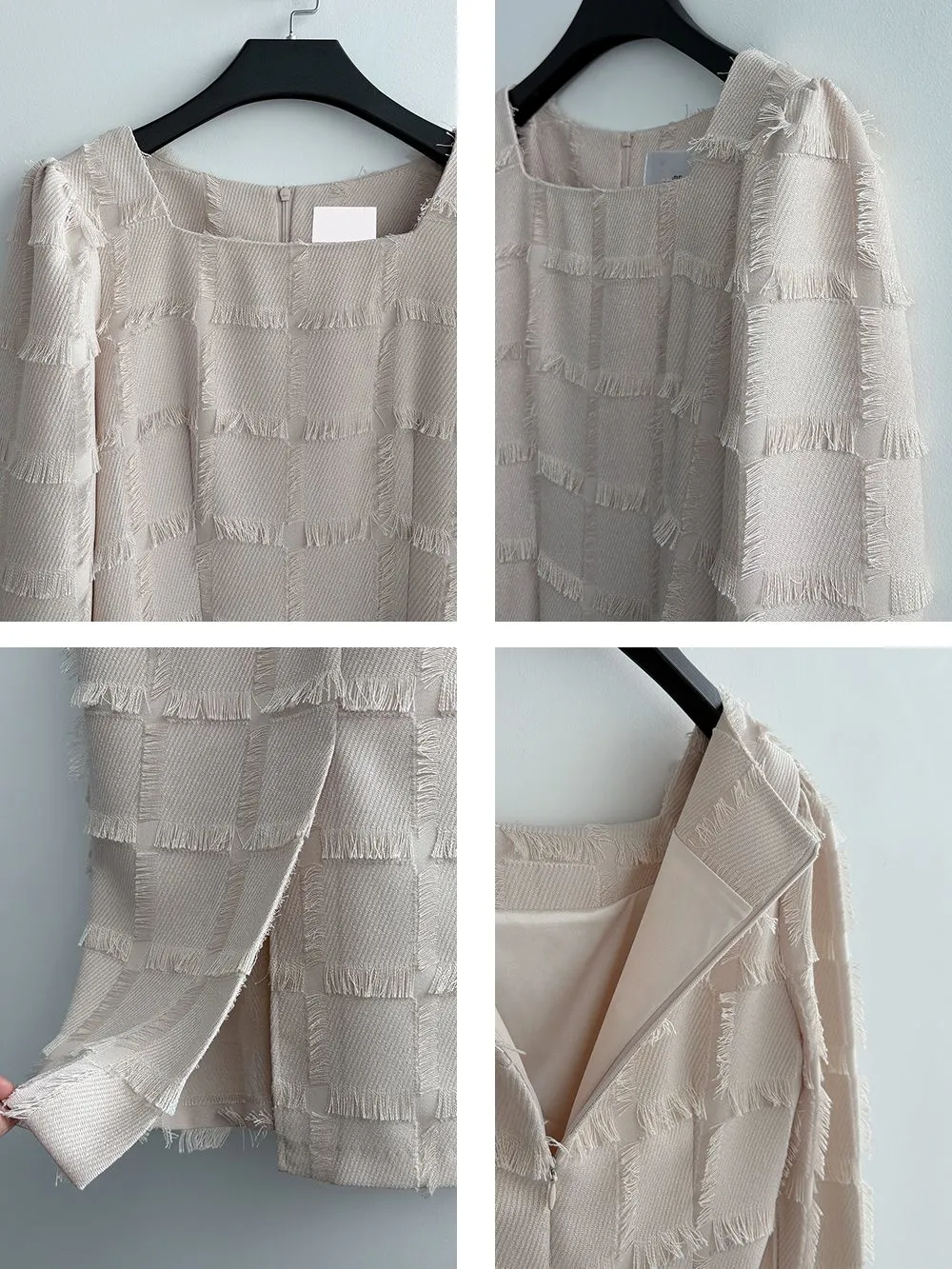 원피스의 깔끔한 마감과 뒷면 슬릿 디테일