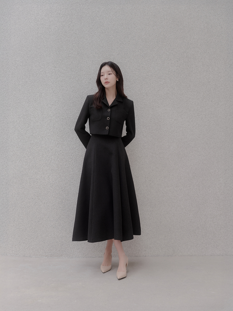 ツイードロングフレアジップアップカラー長袖クロップドボタン