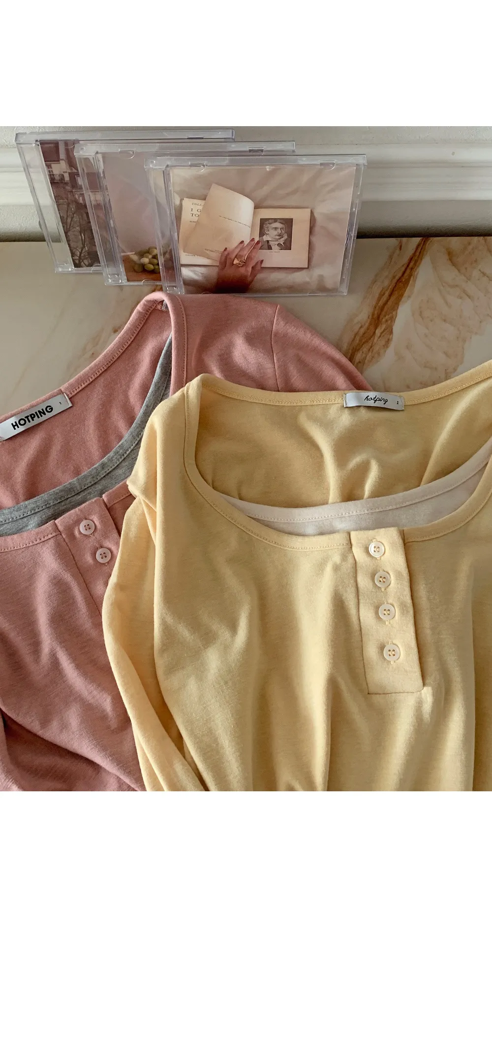 위타임_버튼 레이어드 긴팔 티셔츠 