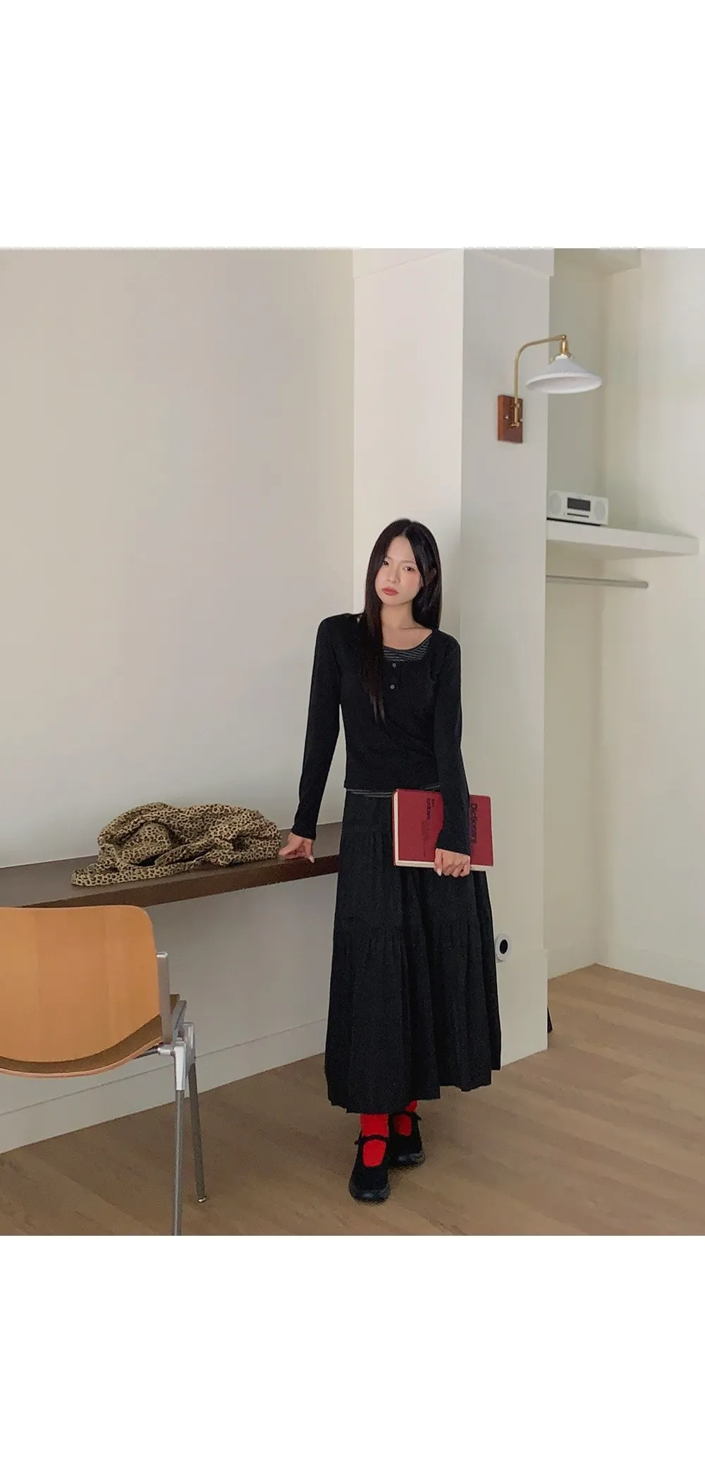 위타임_버튼 레이어드 긴팔 티셔츠 