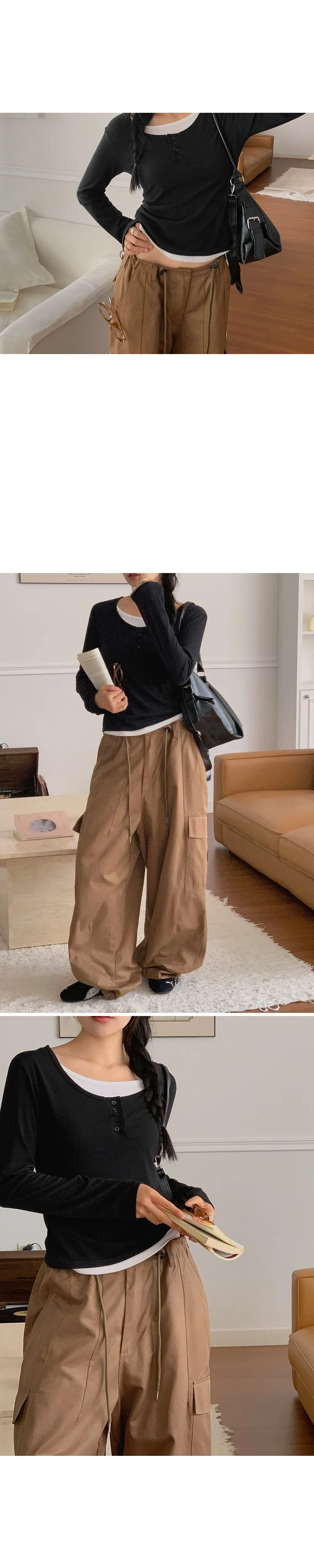 위타임_버튼 레이어드 긴팔 티셔츠 