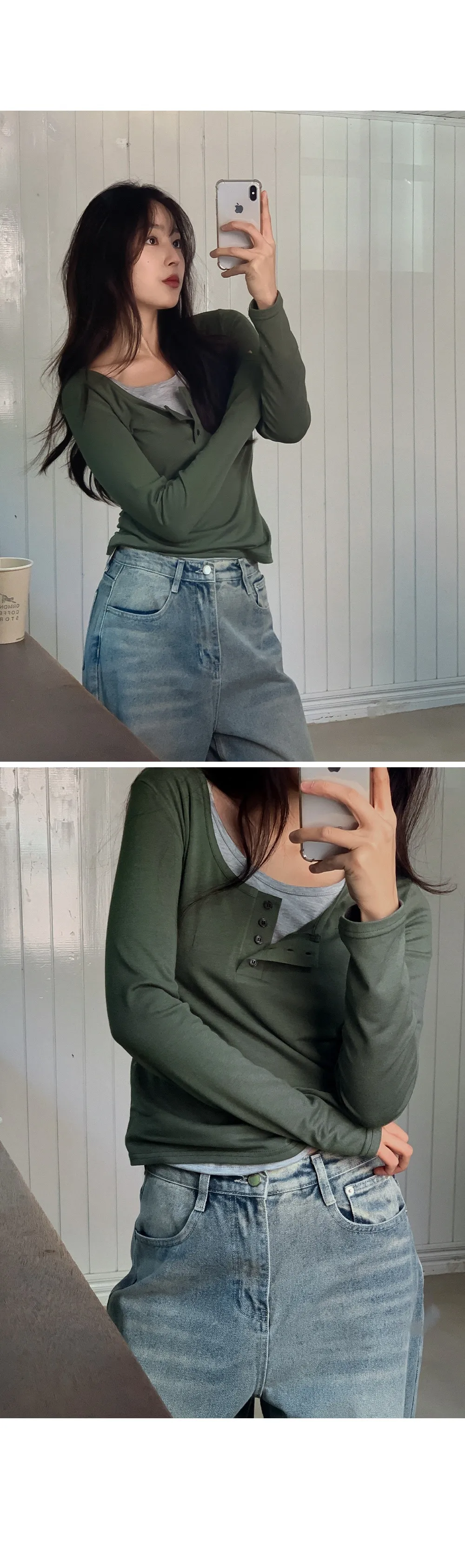 위타임_버튼 레이어드 긴팔 티셔츠 