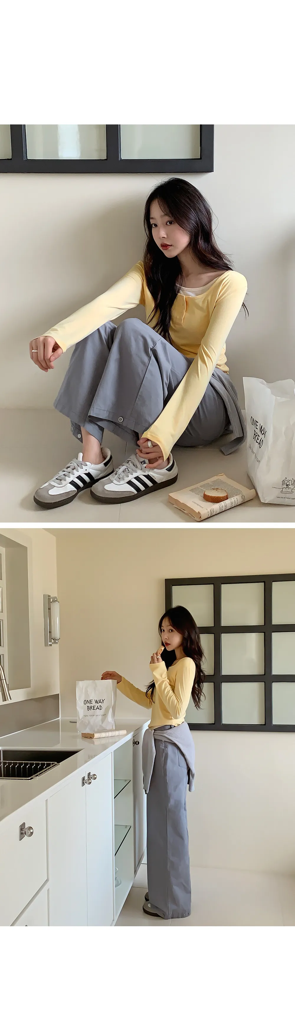 위타임_버튼 레이어드 긴팔 티셔츠 