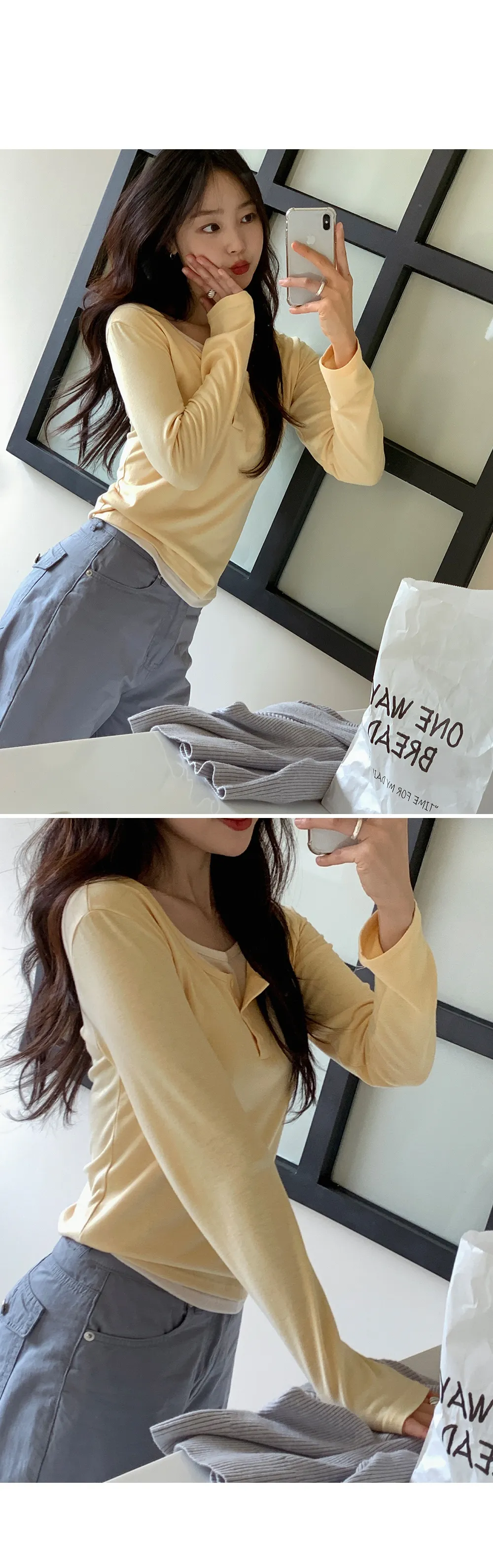 위타임_버튼 레이어드 긴팔 티셔츠 