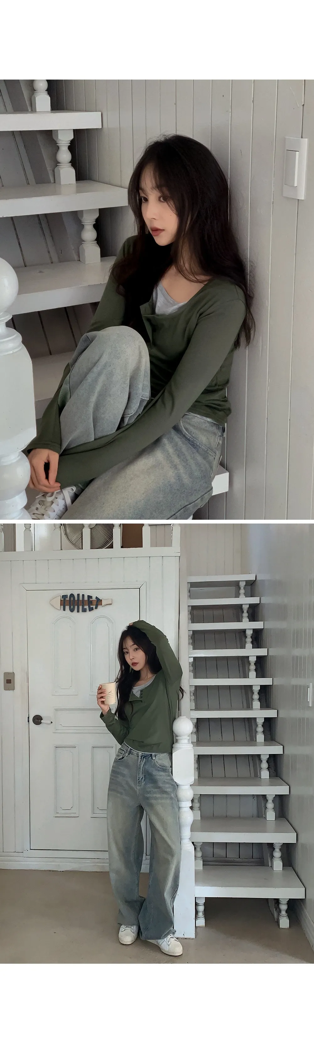 위타임_버튼 레이어드 긴팔 티셔츠 