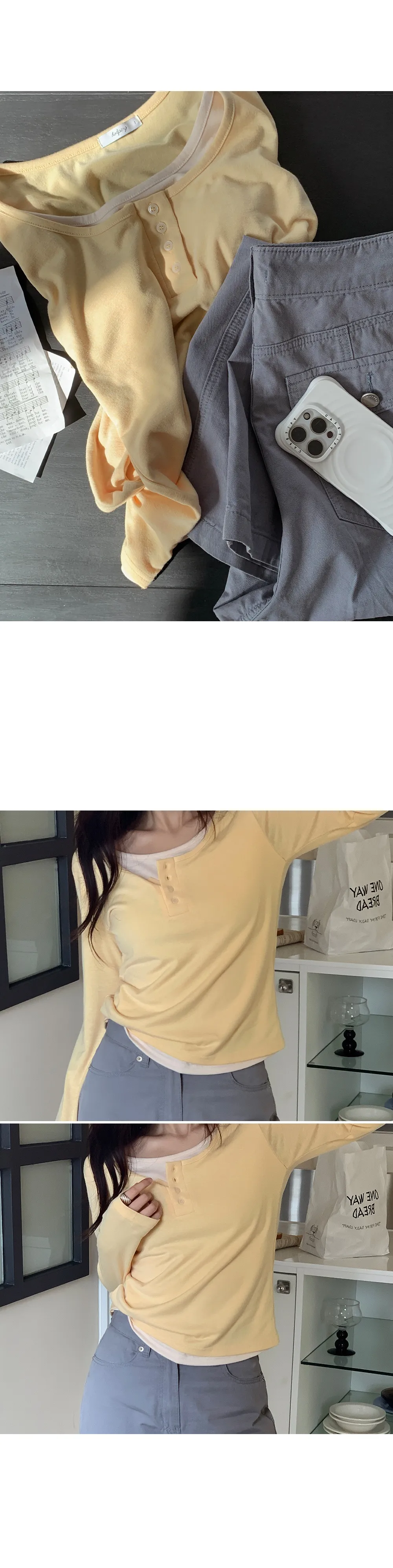 위타임_버튼 레이어드 긴팔 티셔츠 