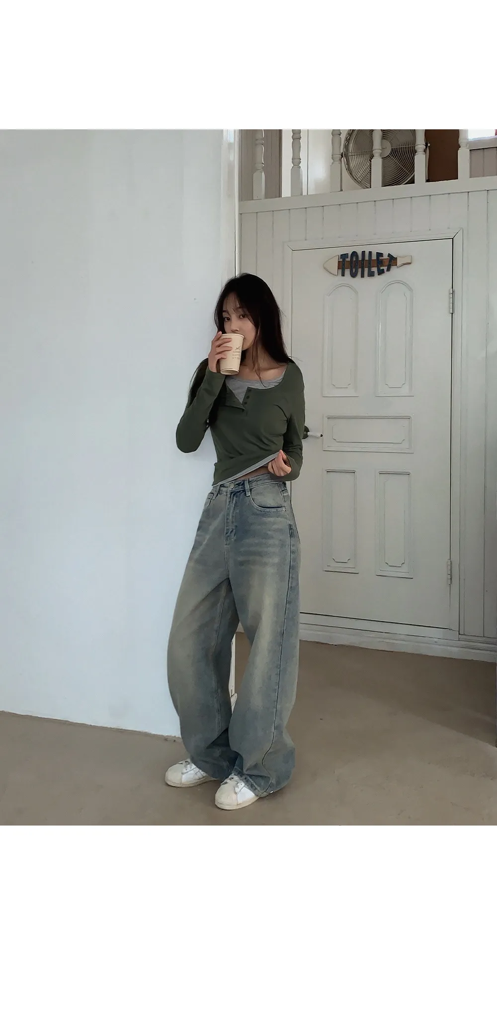 위타임_버튼 레이어드 긴팔 티셔츠 