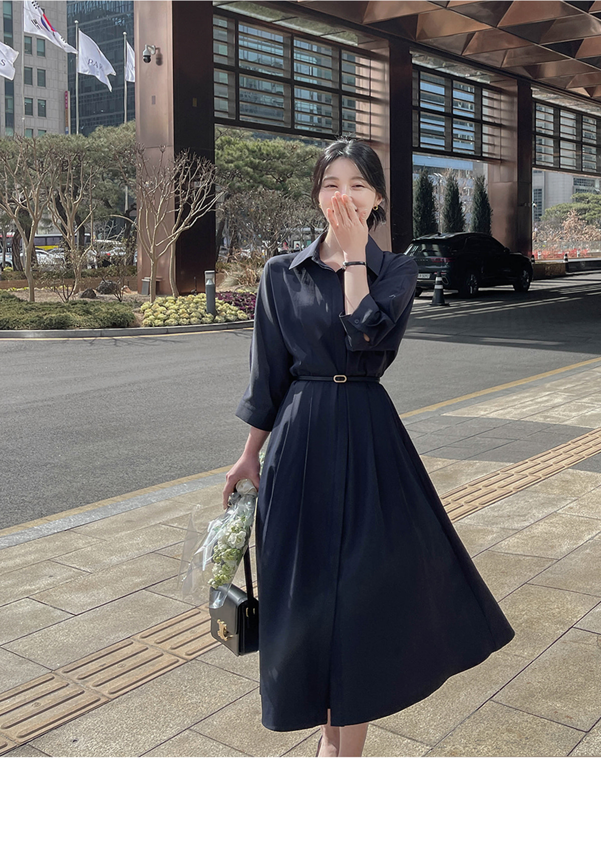 7分袖ミディフレアロングシャツワンピースベルト付 | レディース