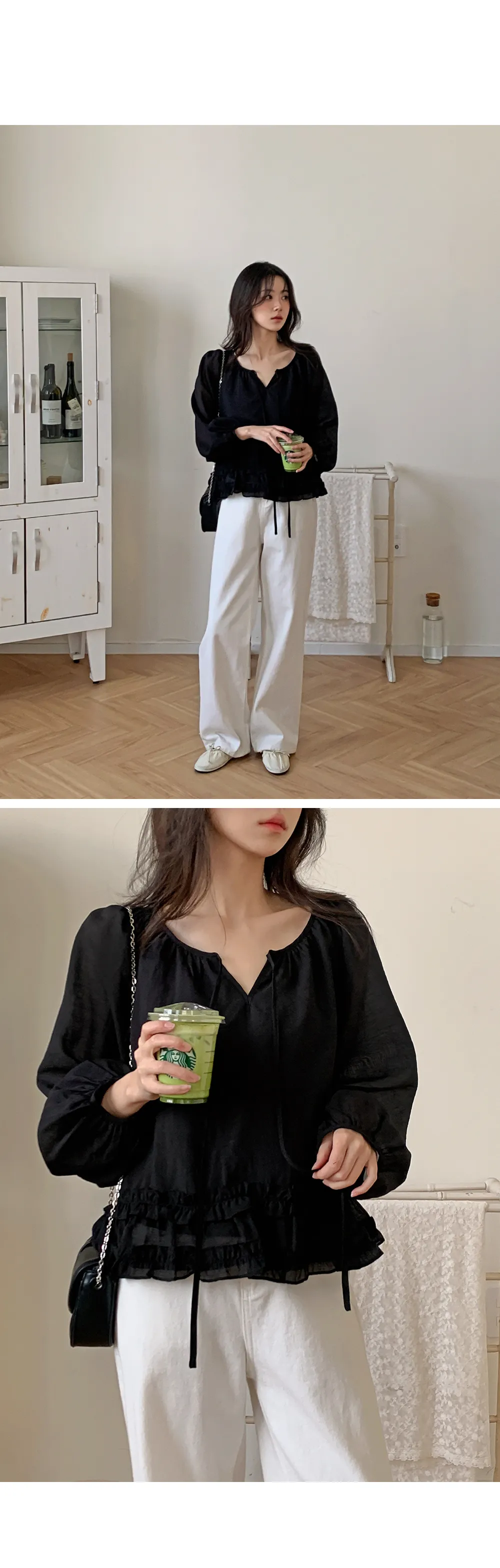 로시엔 세미루즈핏 프릴 스트랩 블라우스
