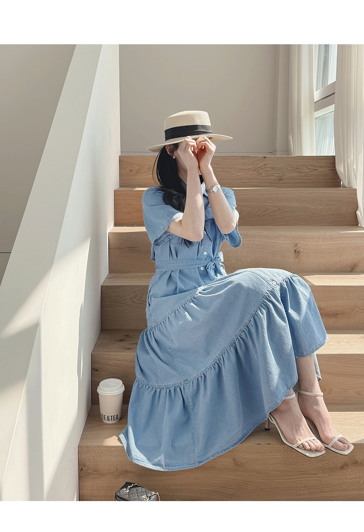 デニム半袖ロングボタンカラーワンピースストラップ付 | レディース