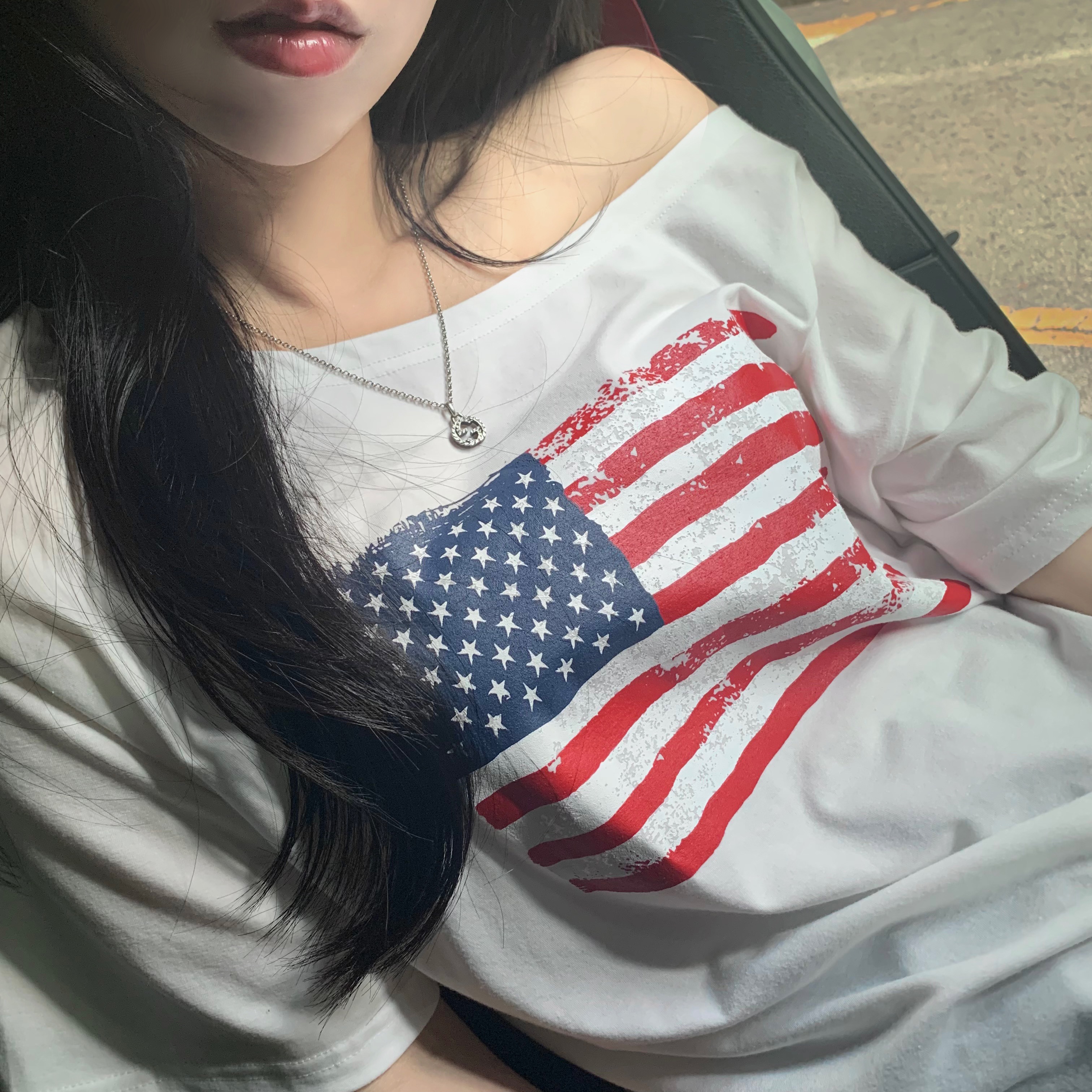 ルーズ半袖ボートネックワンショルダー星条旗プリントTシャツ