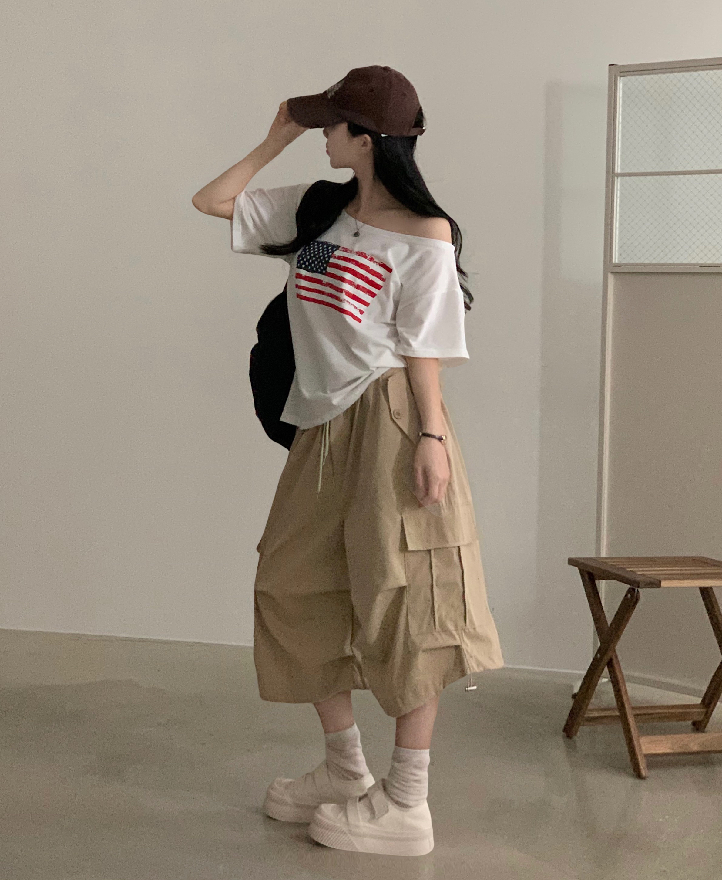 ルーズ半袖ボートネックワンショルダー星条旗プリントTシャツ