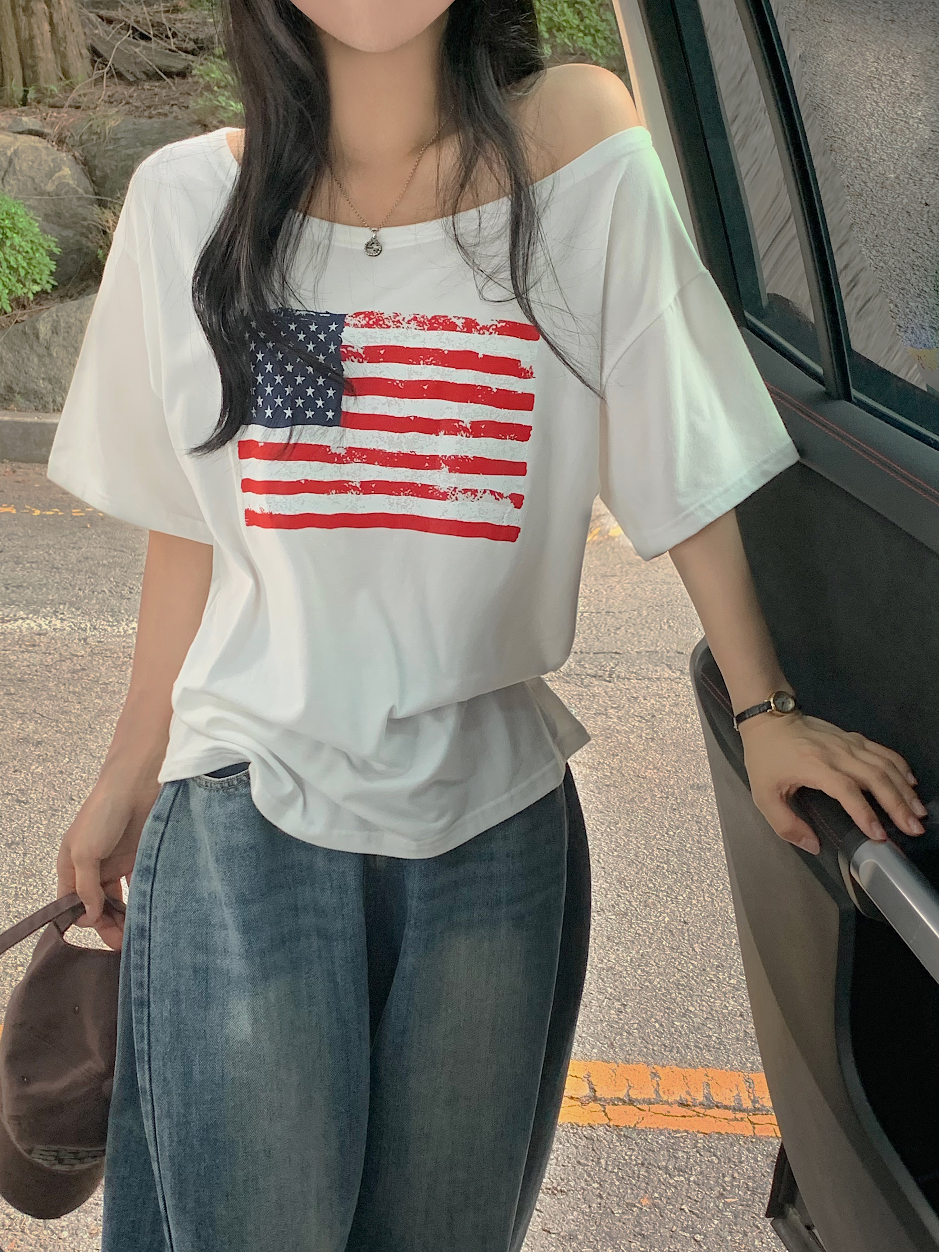 ルーズ半袖ボートネックワンショルダー星条旗プリントTシャツ