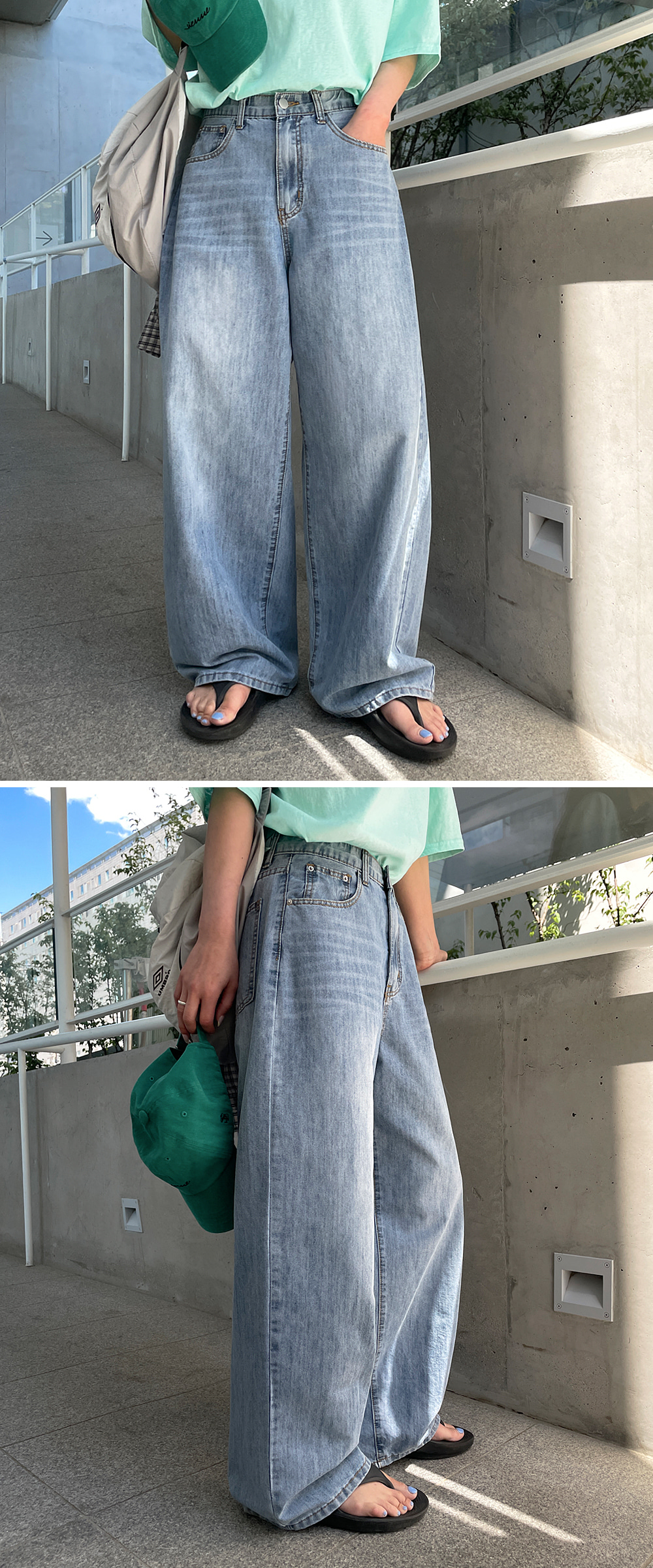 デニムワイドライトブルーディープブルーデニムパンツSS夏