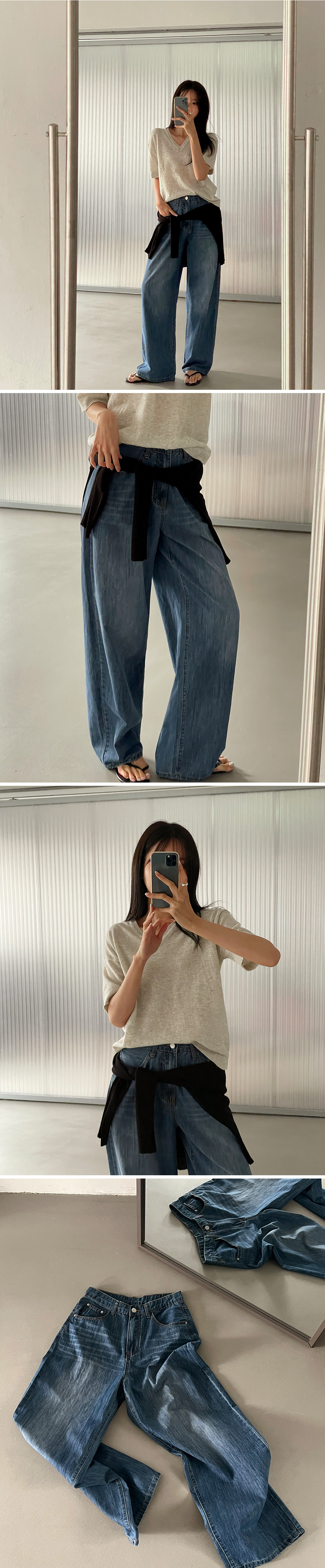 デニムワイドライトブルーディープブルーデニムパンツSS夏
