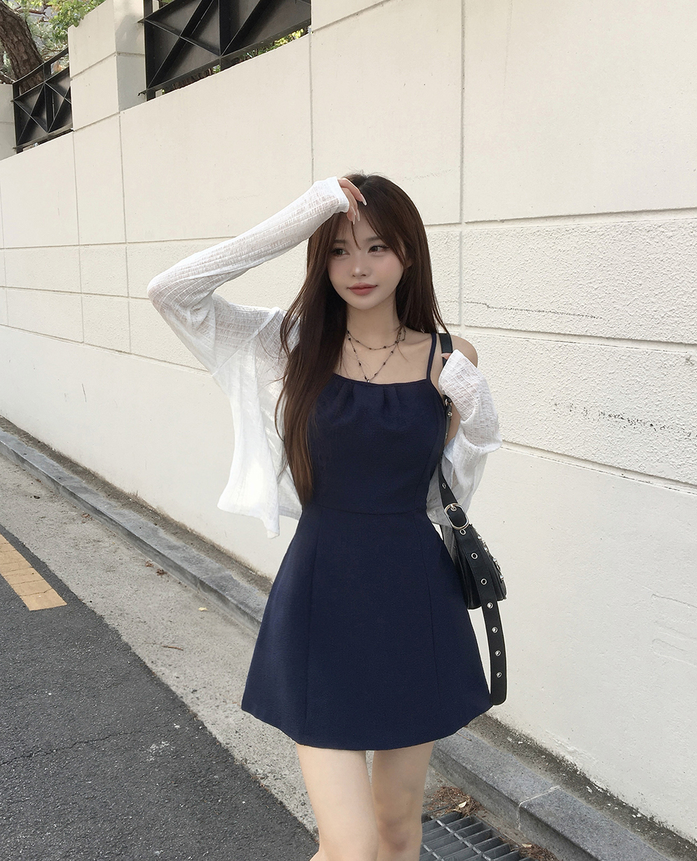 ミニスクエアネックスリムジップアップリボンキャミワンピース