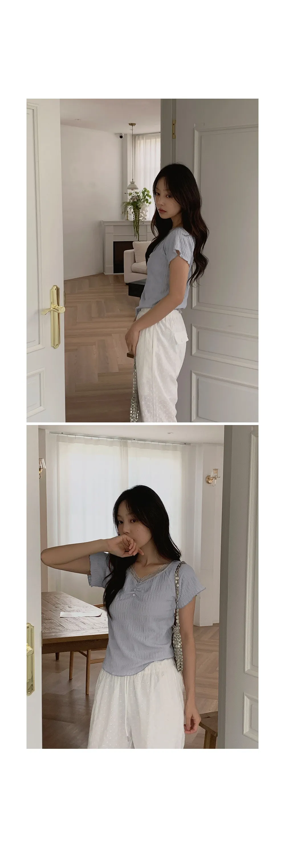 드레오 레이스 브이넥 링클 셔링 반팔 블라우스