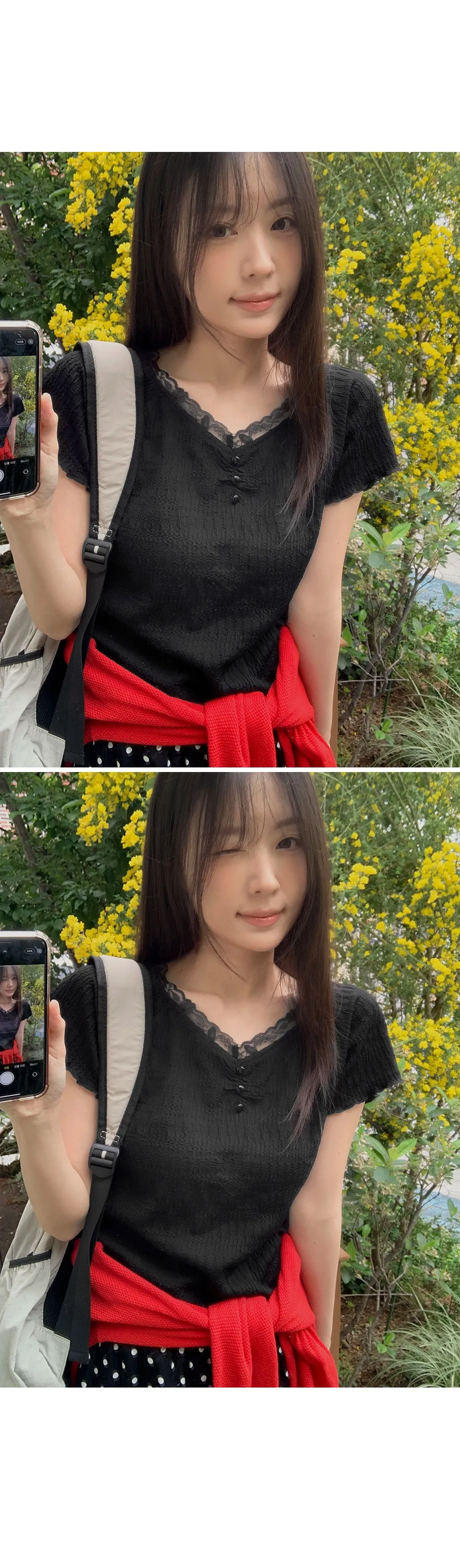 드레오 레이스 브이넥 링클 셔링 반팔 블라우스