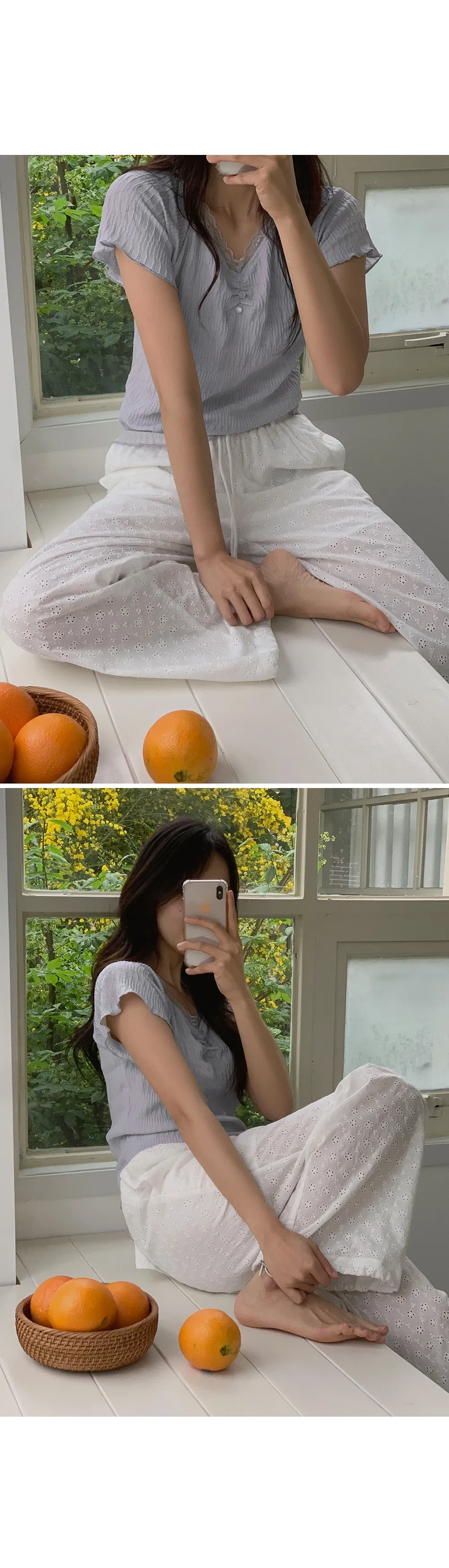 드레오 레이스 브이넥 링클 셔링 반팔 블라우스