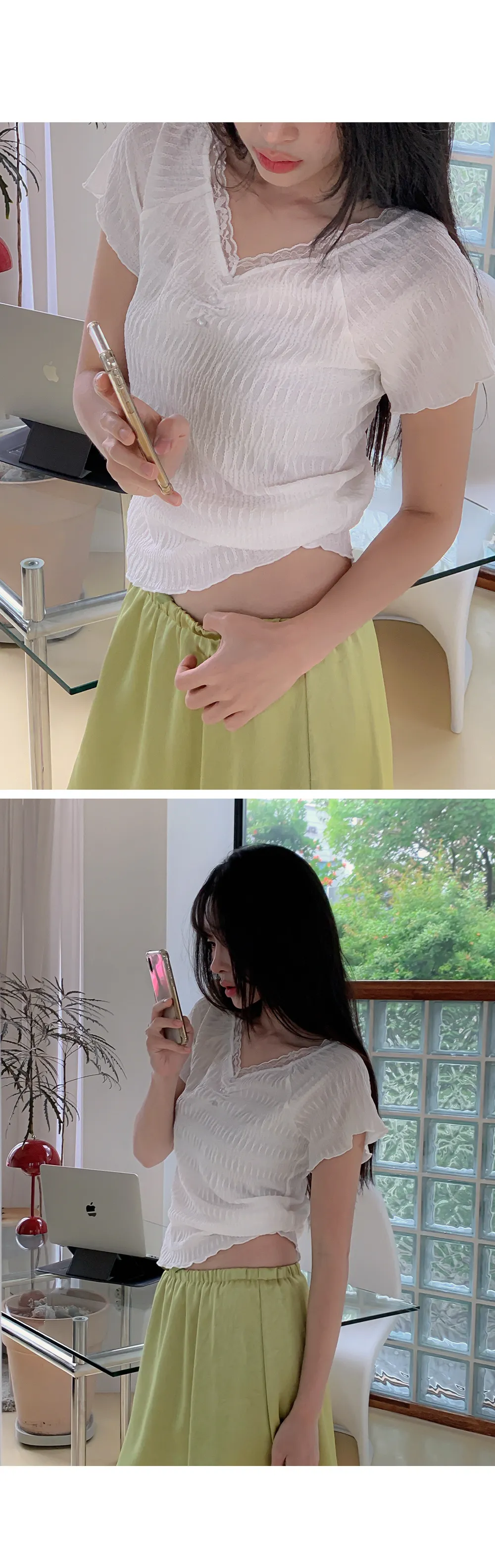 드레오 레이스 브이넥 링클 셔링 반팔 블라우스