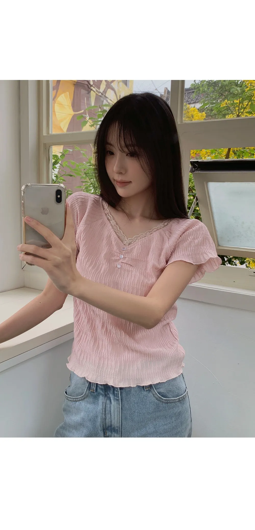 드레오 레이스 브이넥 링클 셔링 반팔 블라우스