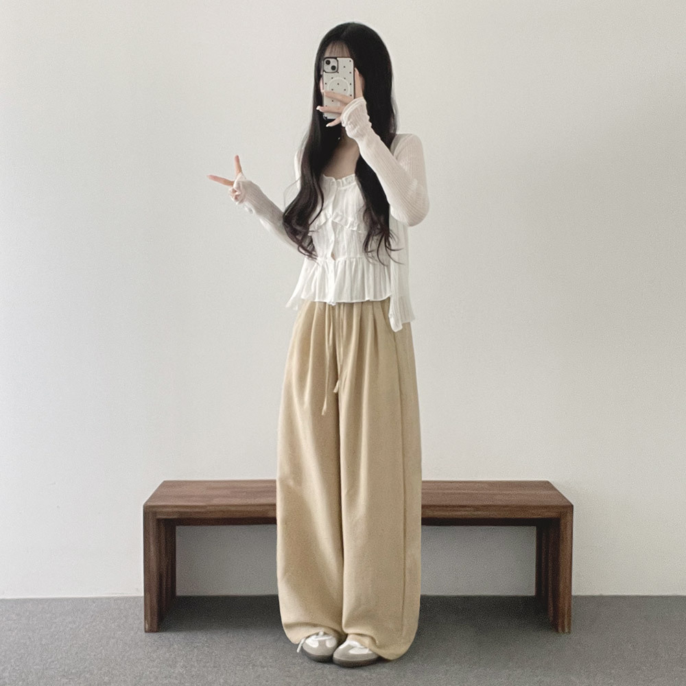 ケンランドリネン　KENLAND ワイドギャザーパンツ　ゴムウエスト リネン混ウエストゴムストレートポケットギャザーパンツ[選べる丈
