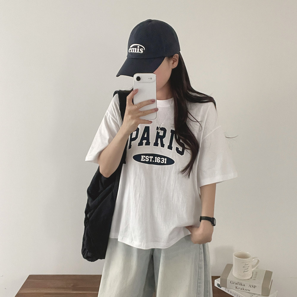 コットンラウンドネック半袖ボクシールーズロゴTシャツ | レディース