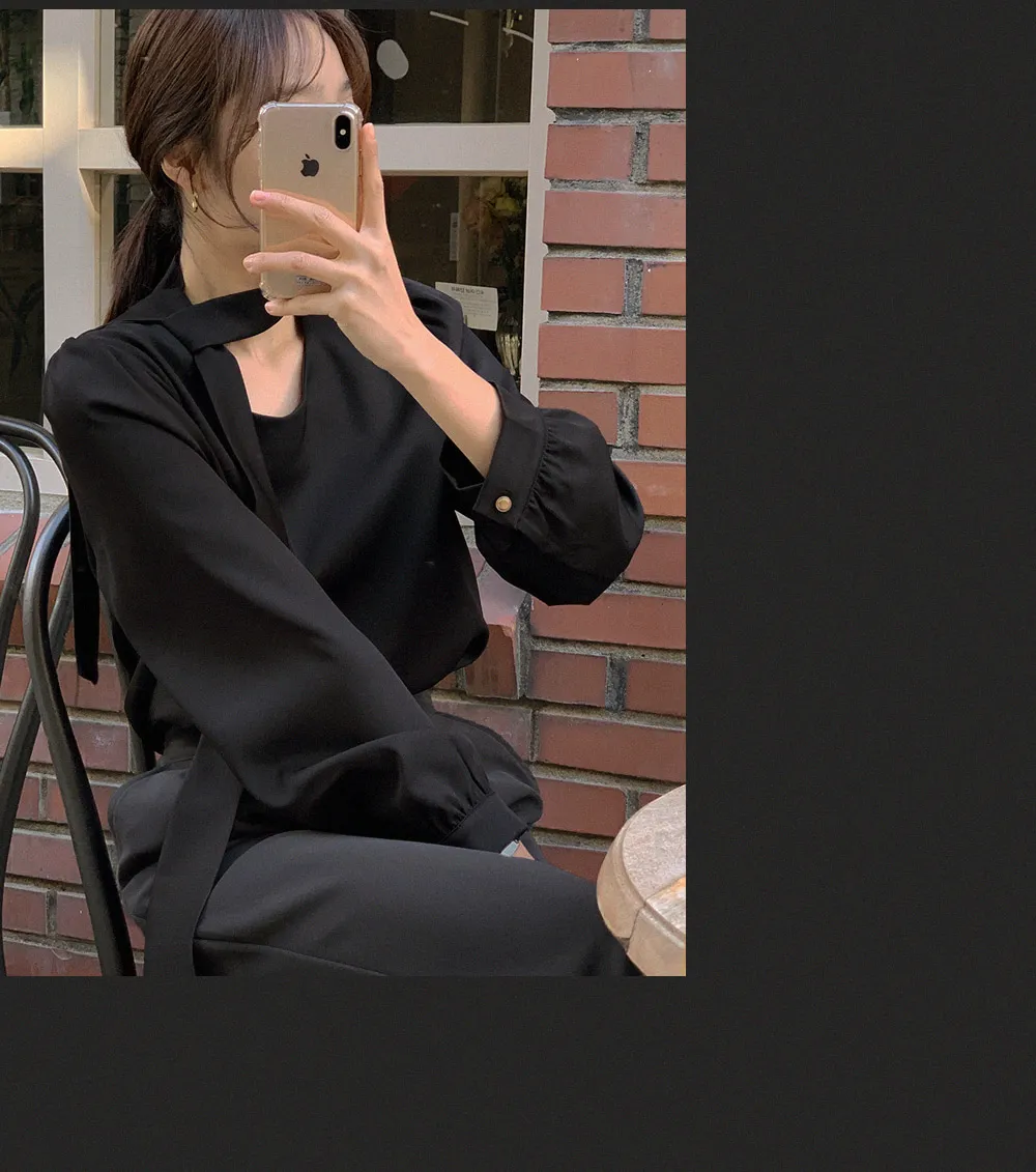 레나 라운드 타이 퍼프 블라우스