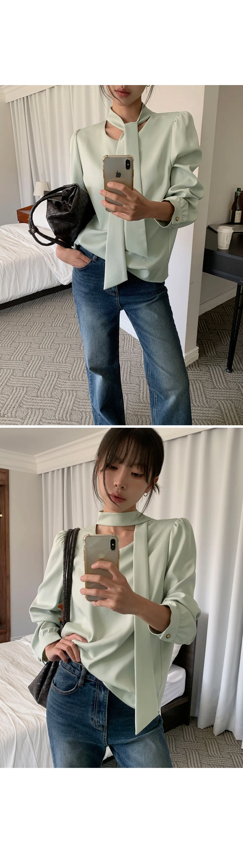 레나 라운드 타이 퍼프 블라우스